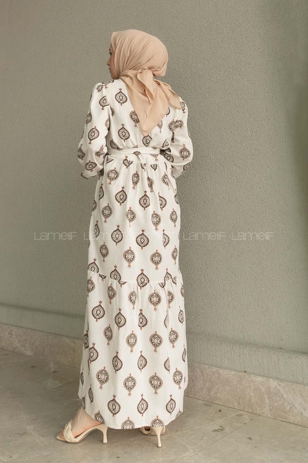 Ecru Tan Crew Neck Linen Printed Dresess