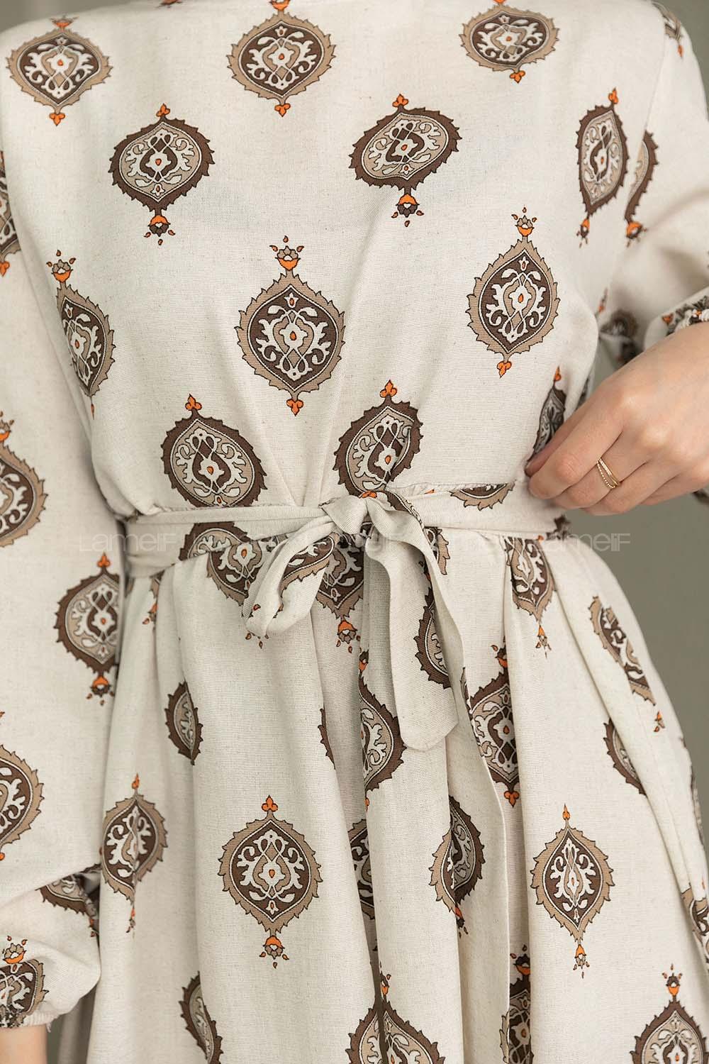 Ecru Tan Crew Neck Linen Printed Dresess