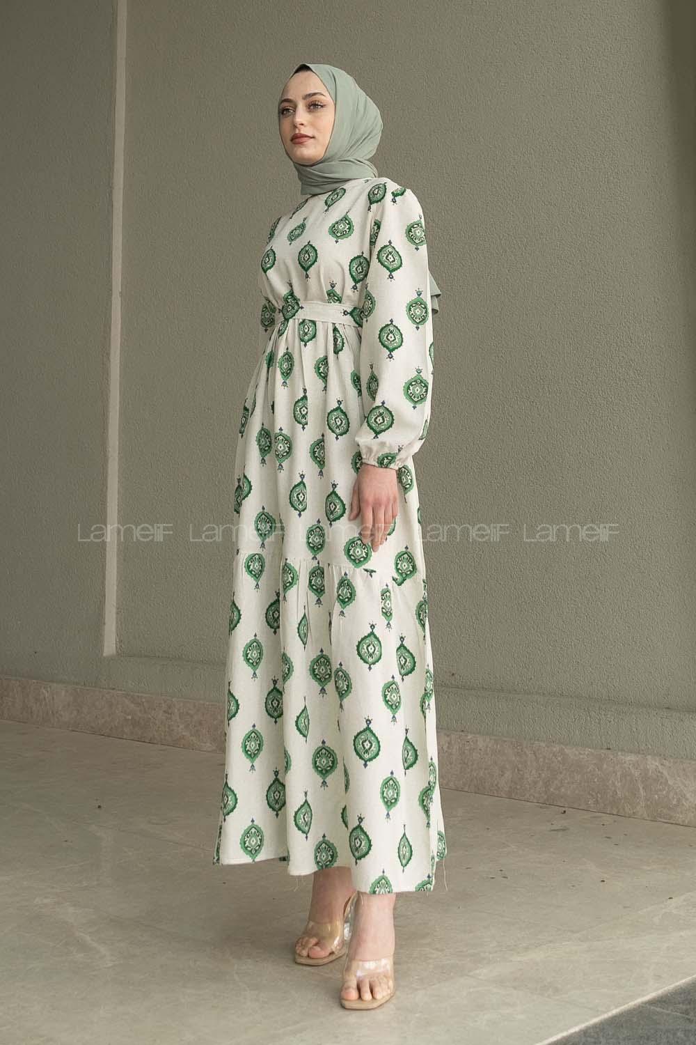 Ecru Khaki Crew Neck Linen Printed Dresess