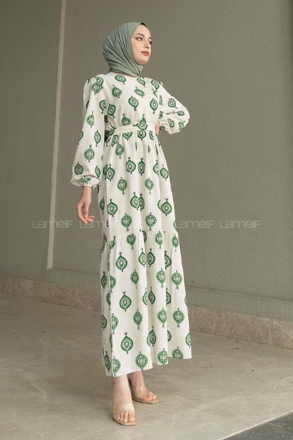 Ecru Khaki Crew Neck Linen Printed Dresess