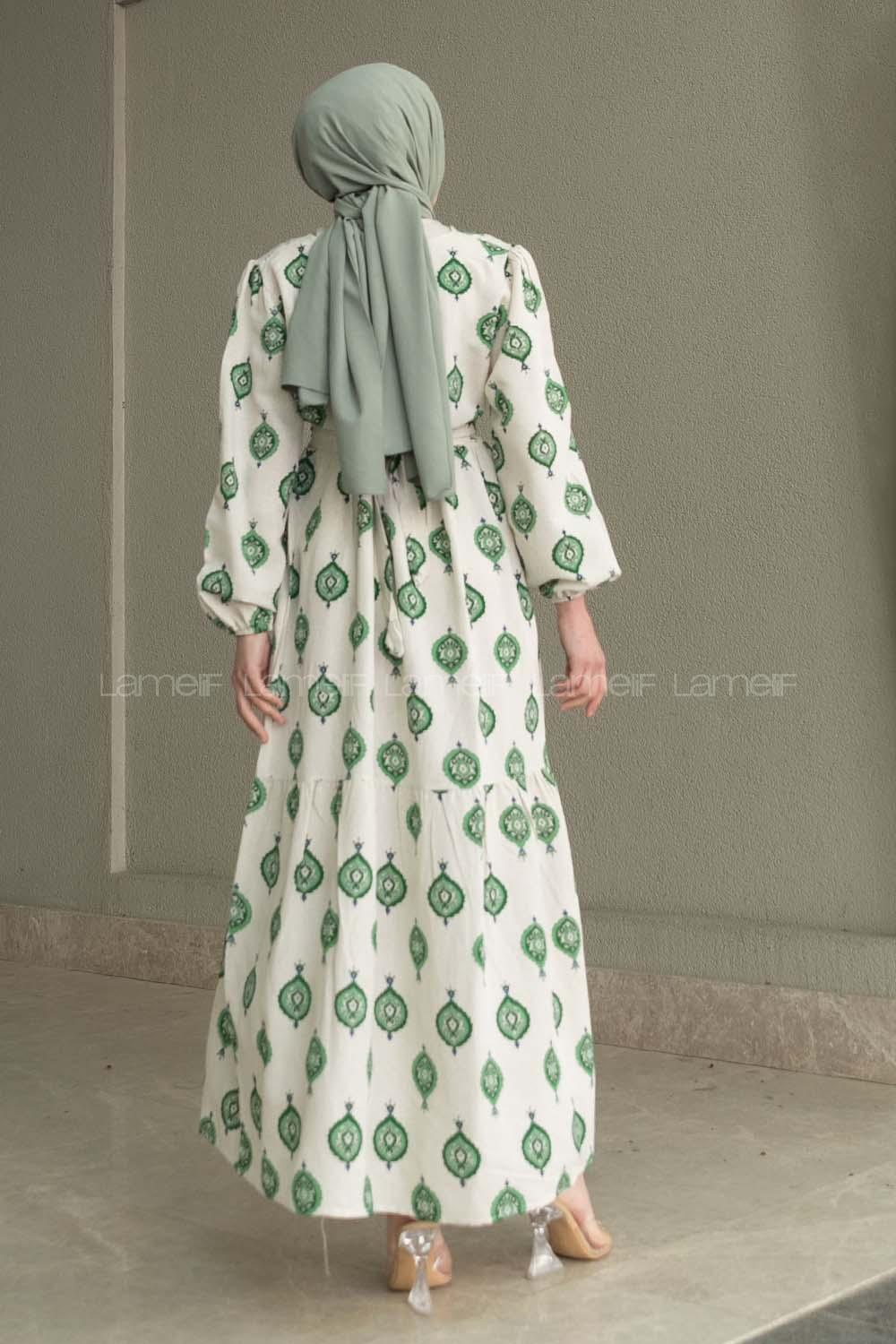 Ecru Khaki Crew Neck Linen Printed Dresess