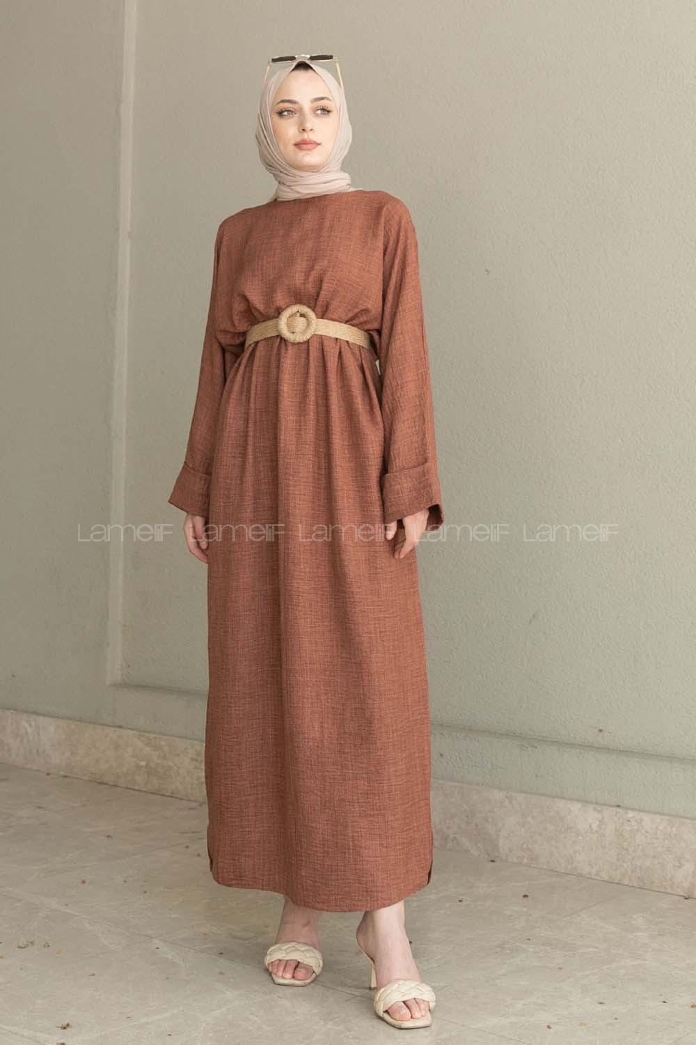 Brown Crew Neck Ayrobin Unprinted Dresess