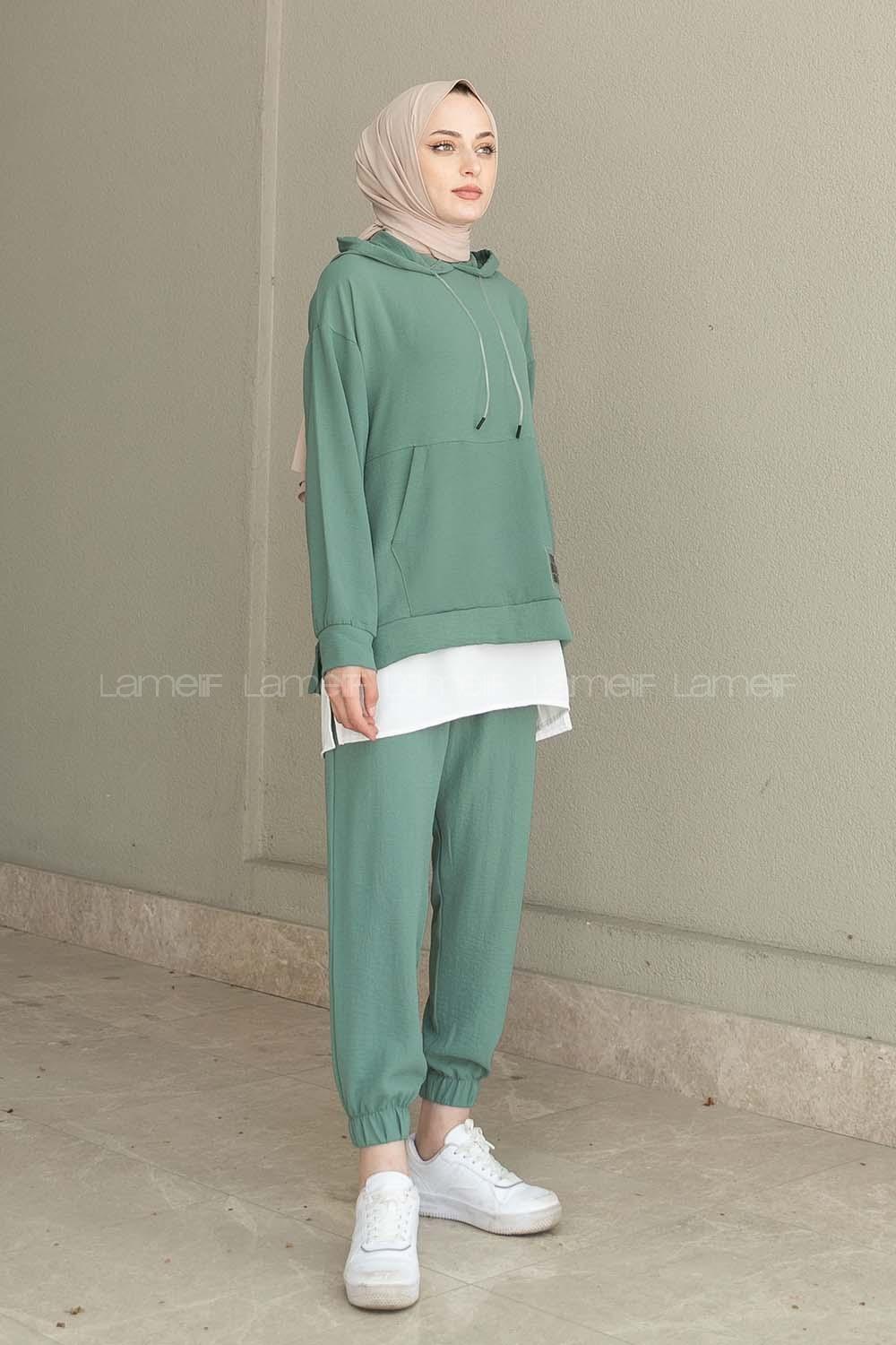Mint Green Hood Neck Long Arm Without Accessories Ayrobin Elastic Trousers Comfortable Suit