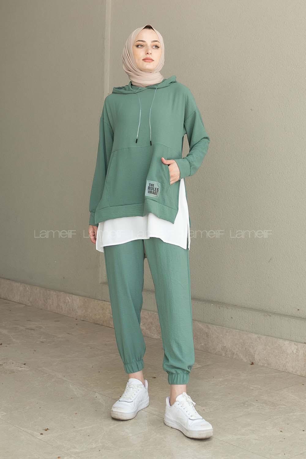Mint Green Hood Neck Long Arm Without Accessories Ayrobin Elastic Trousers Comfortable Suit