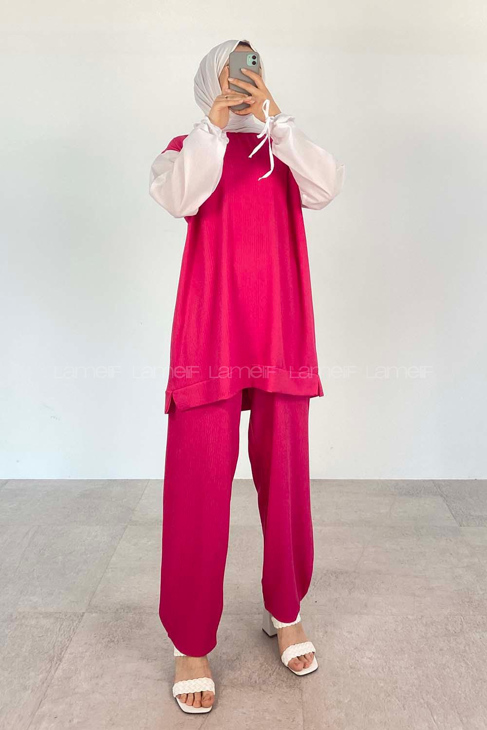 Fuchsia Crew Neck Long Arm Without Accessories Crepe Fabric Regular Trousers Comfortable Suit