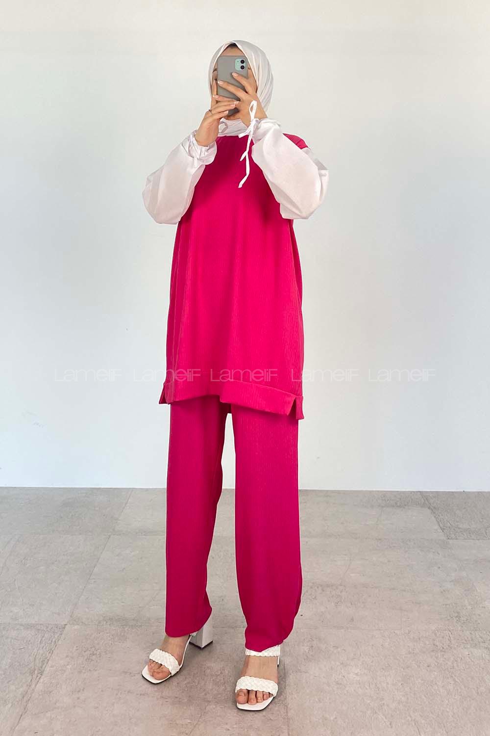 Fuchsia Crew Neck Long Arm Without Accessories Crepe Fabric Regular Trousers Comfortable Suit