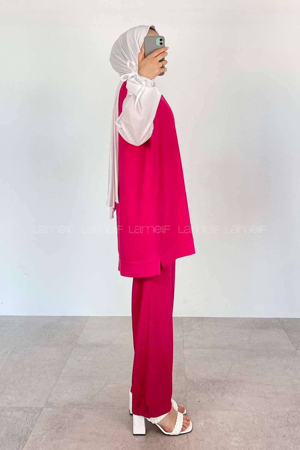 Fuchsia Crew Neck Long Arm Without Accessories Crepe Fabric Regular Trousers Comfortable Suit