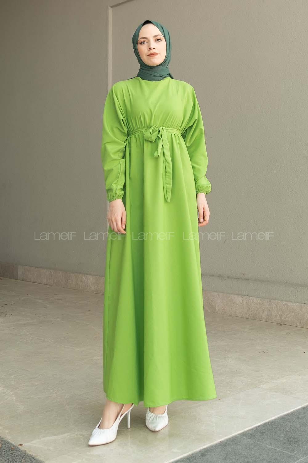 Grassgreen Medium Crew Neck Cotton Fabric Unprinted Dresess