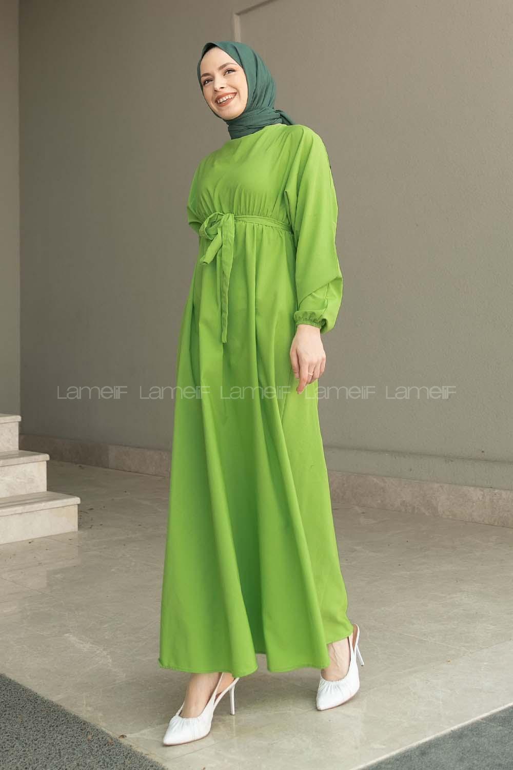 Grassgreen Medium Crew Neck Cotton Fabric Unprinted Dresess