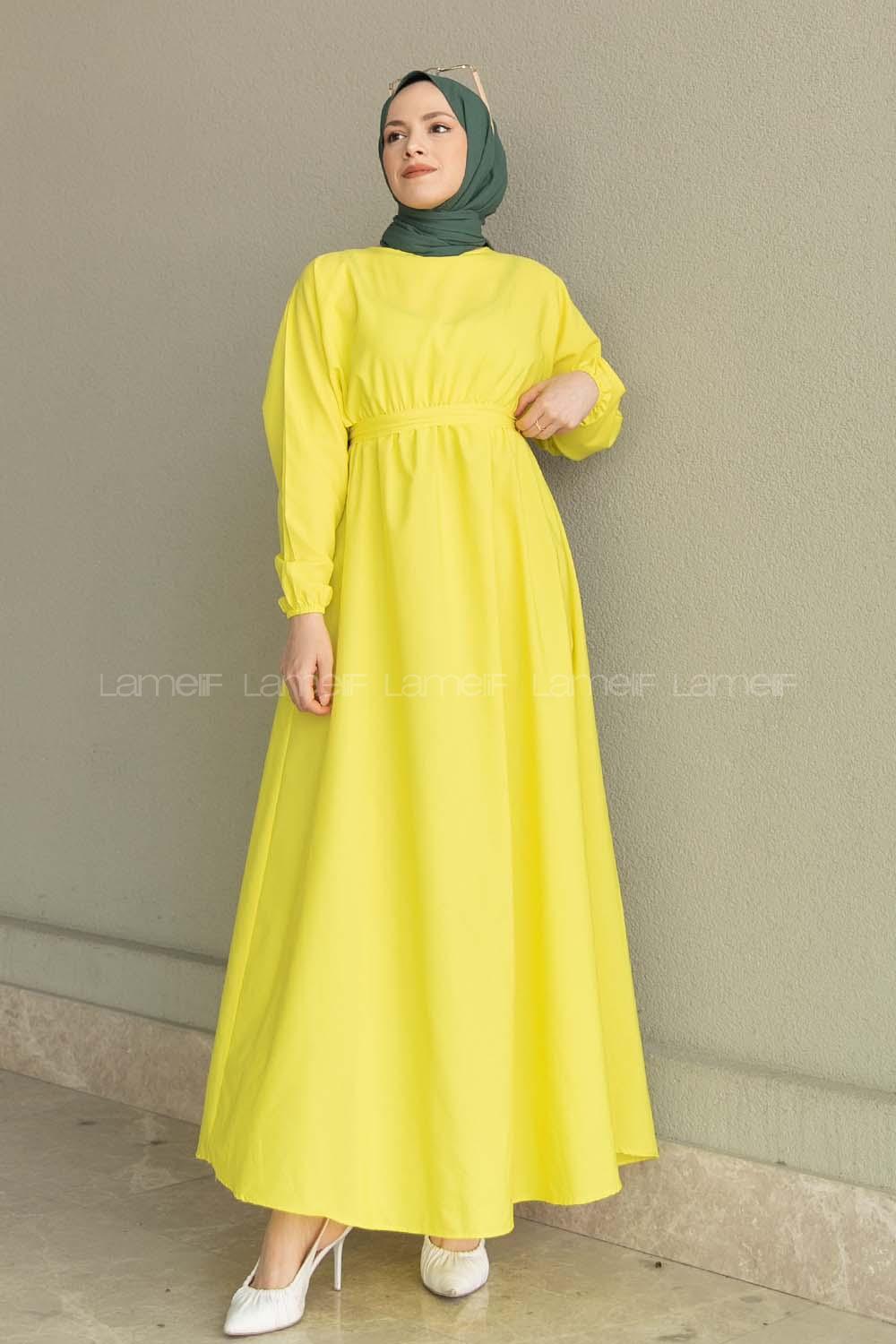 Yellow Medium Crew Neck Cotton Fabric Unprinted Dresess