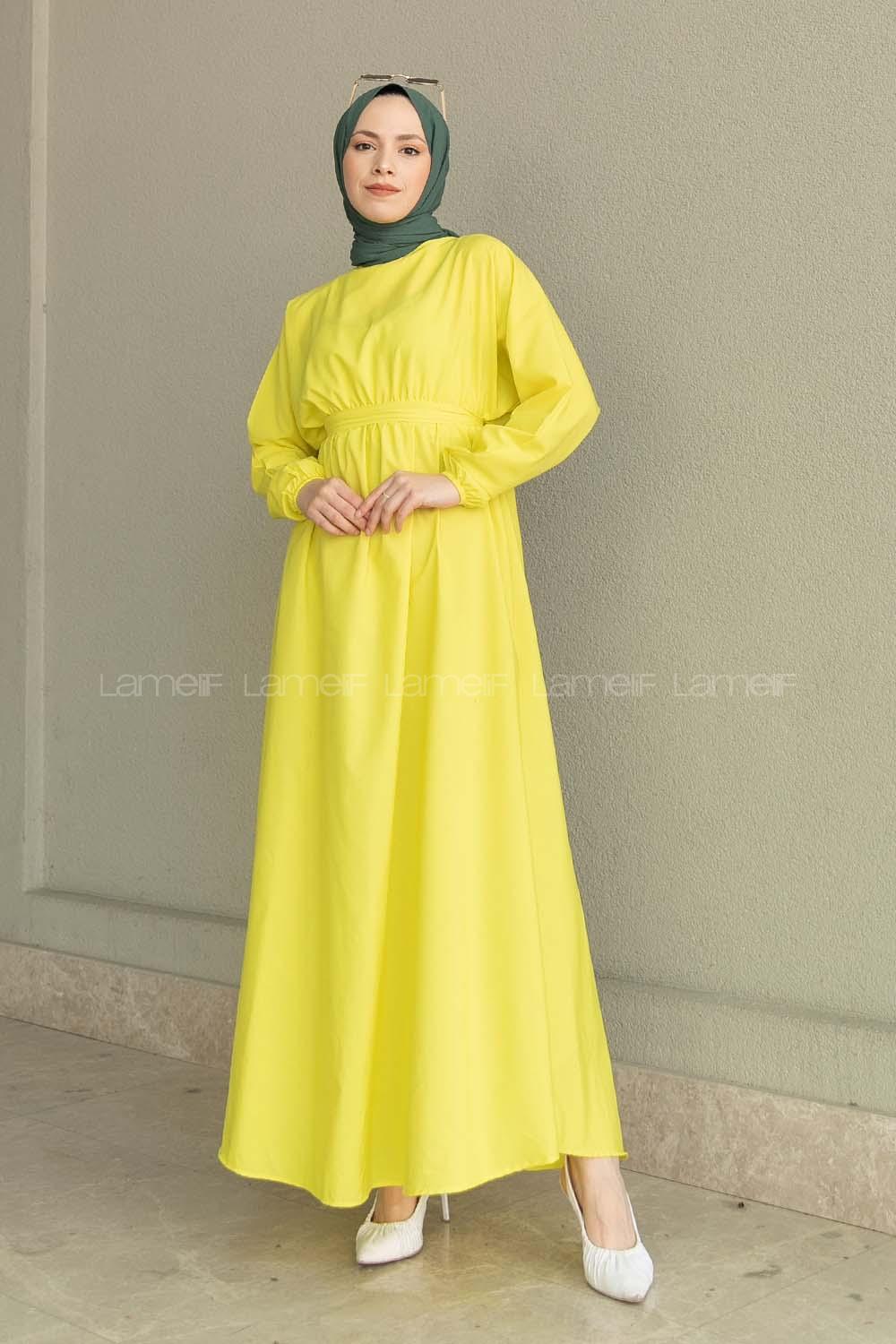 Yellow Medium Crew Neck Cotton Fabric Unprinted Dresess