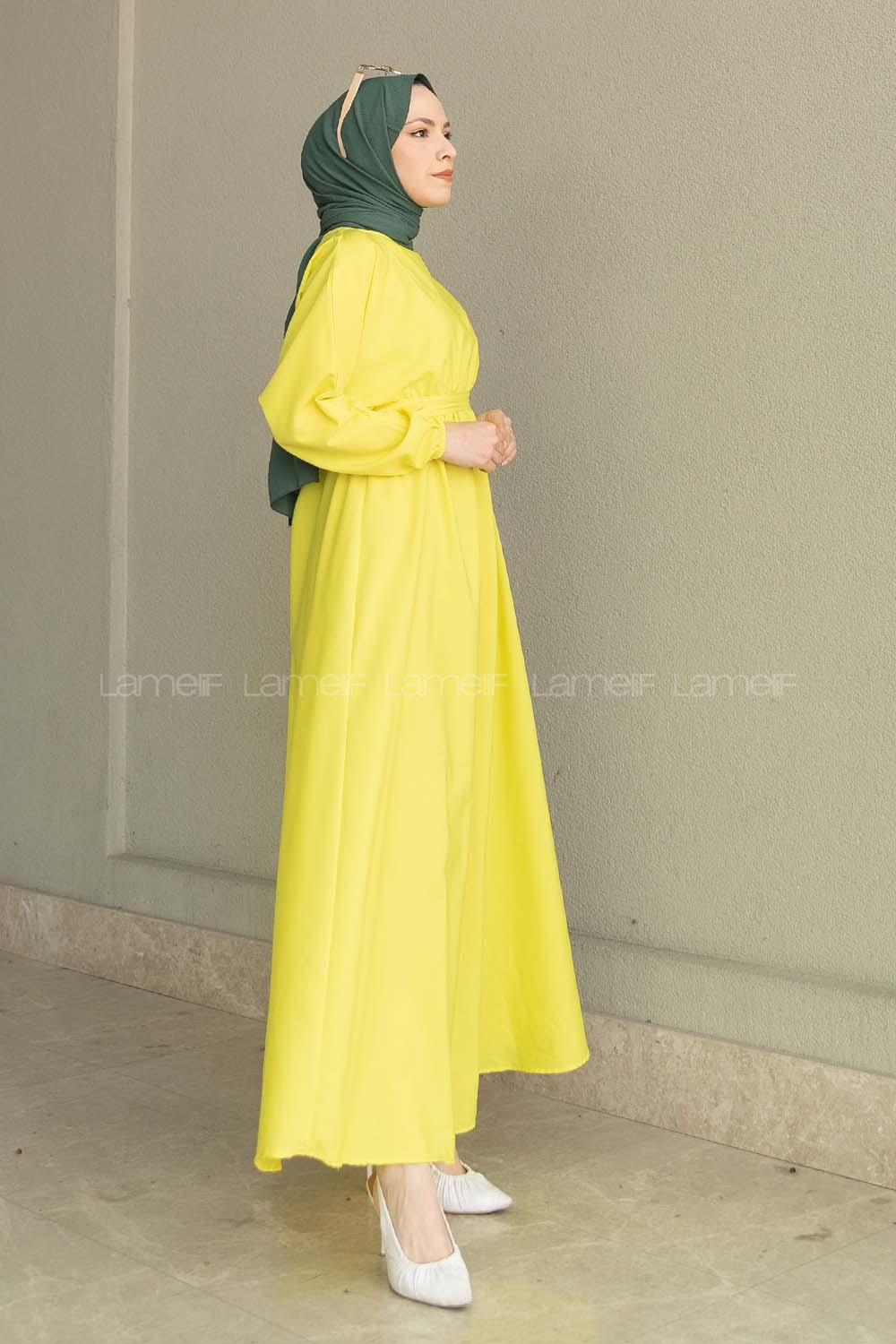 Yellow Medium Crew Neck Cotton Fabric Unprinted Dresess