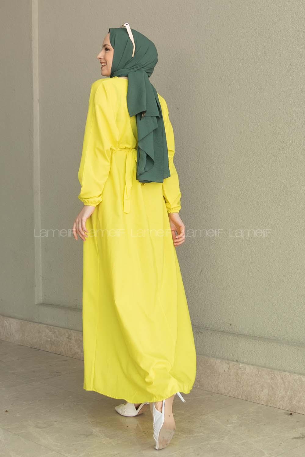 Yellow Medium Crew Neck Cotton Fabric Unprinted Dresess