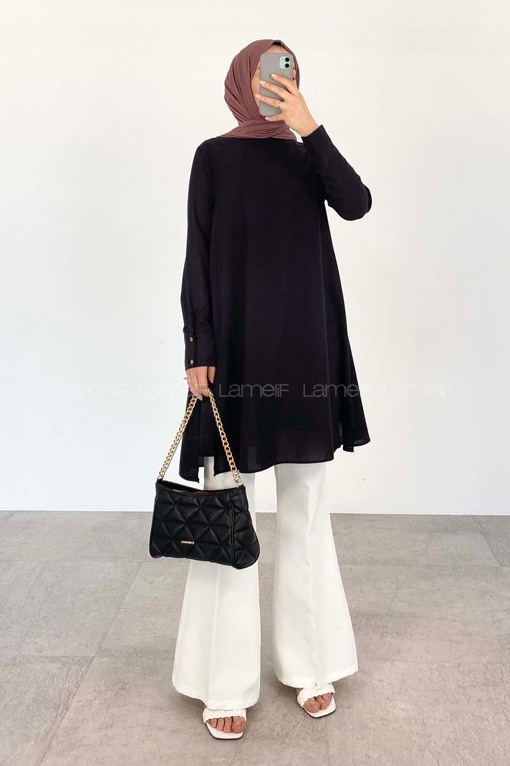 Black Crew Neck Cotton Fabric Unprinted Tunic