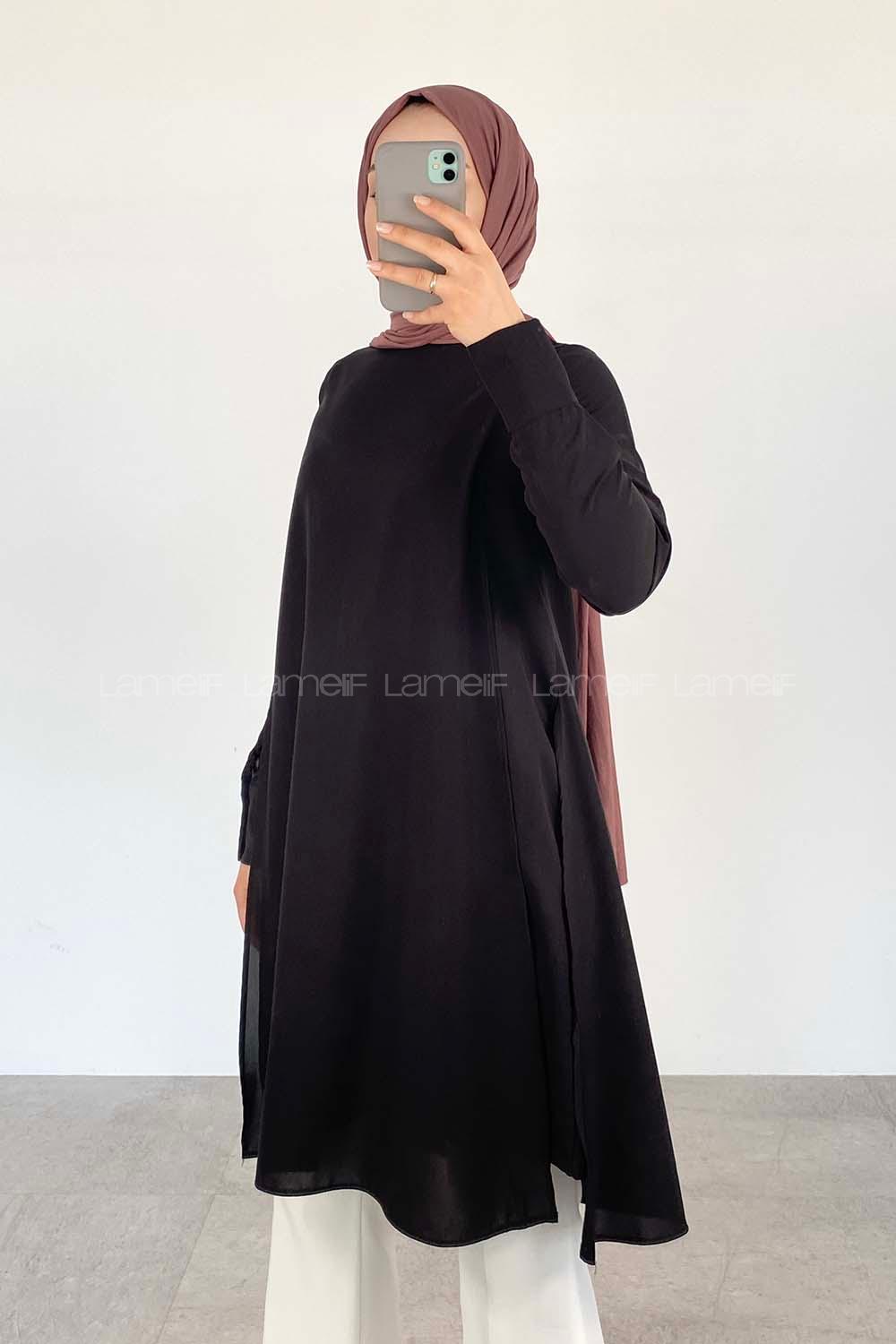 Black Crew Neck Cotton Fabric Unprinted Tunic