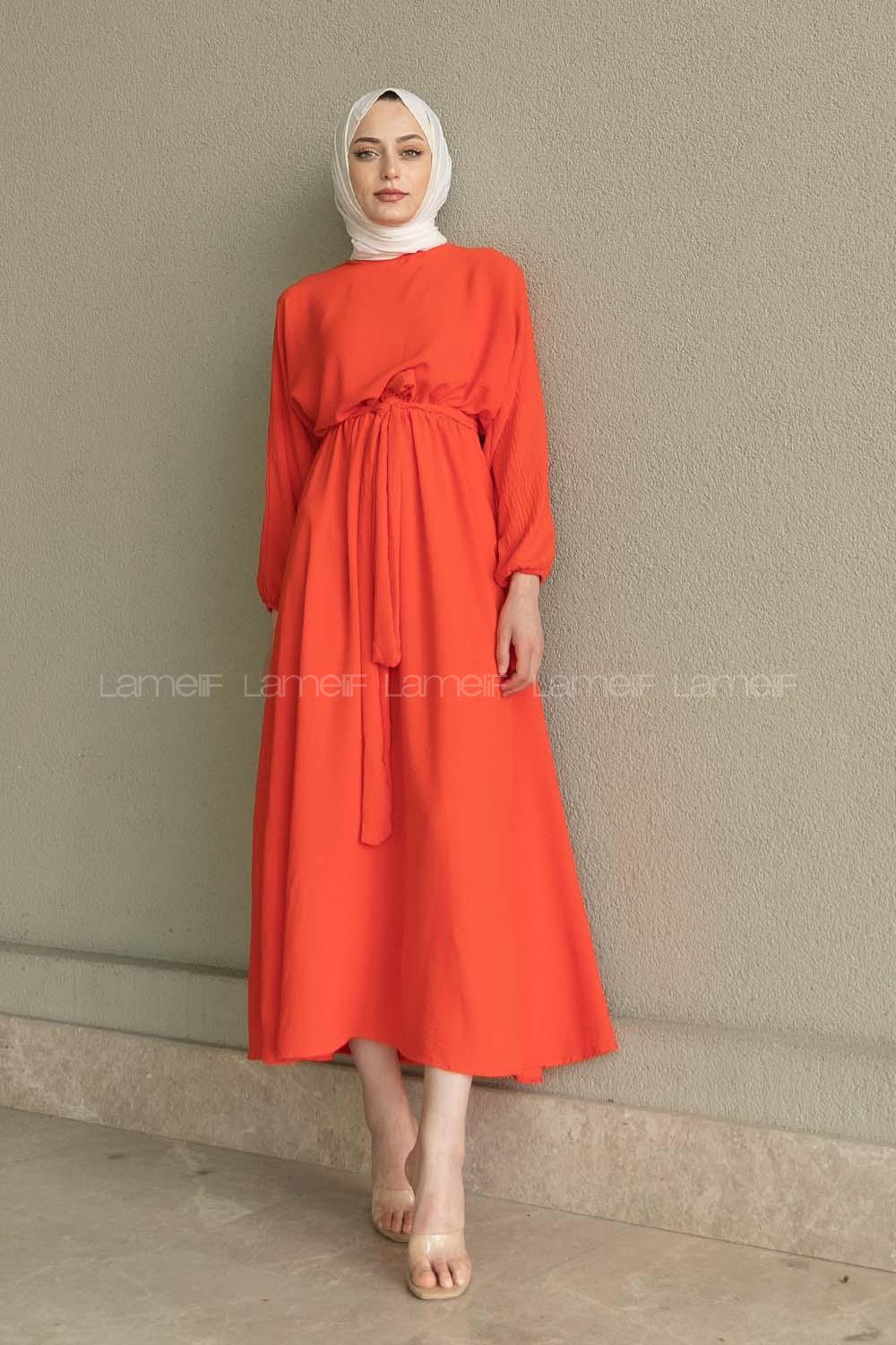 Orange Crew Neck Acrylic Unprinted Dresess