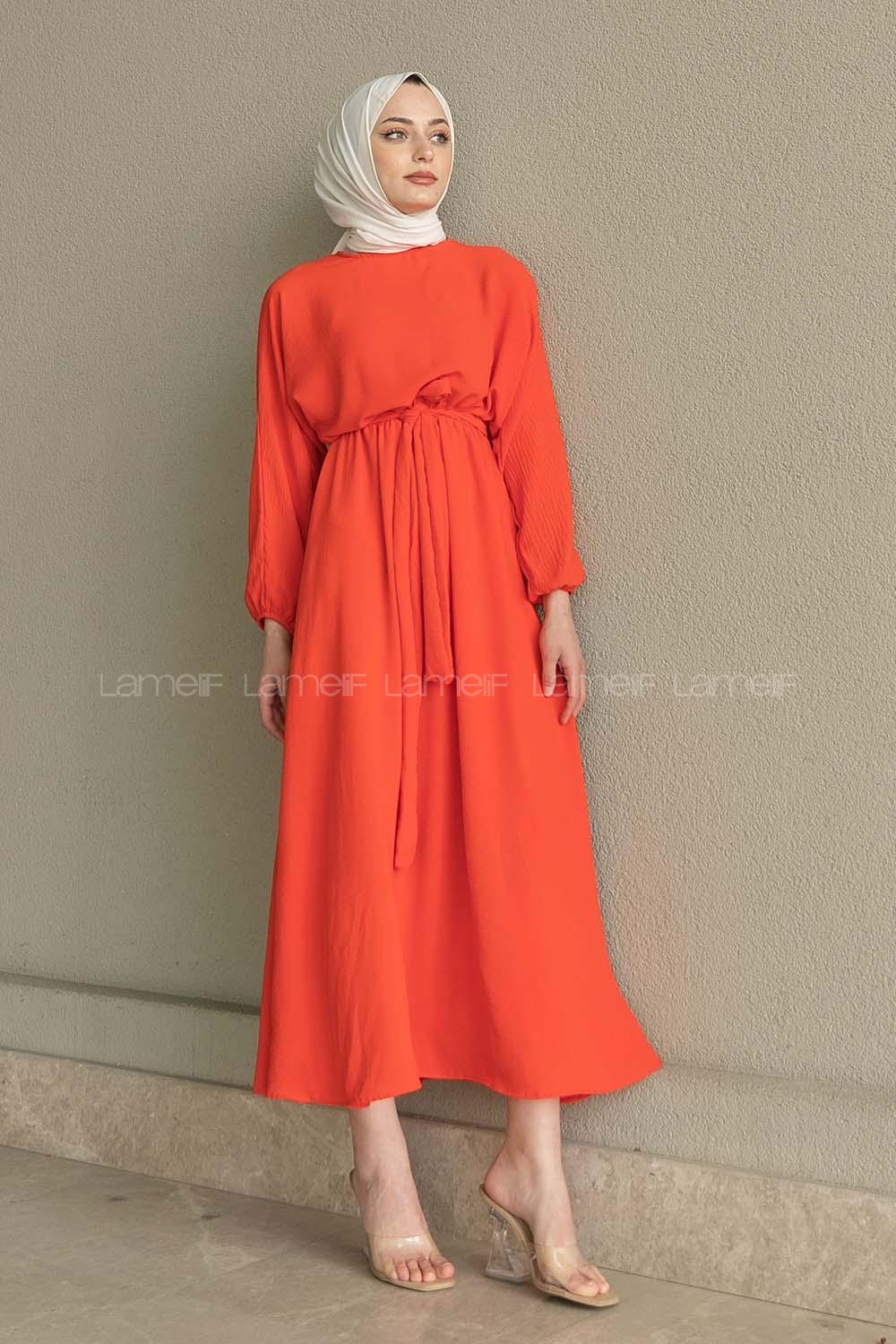 Orange Crew Neck Acrylic Unprinted Dresess