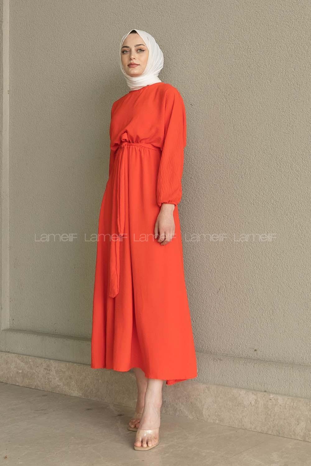 Orange Crew Neck Acrylic Unprinted Dresess