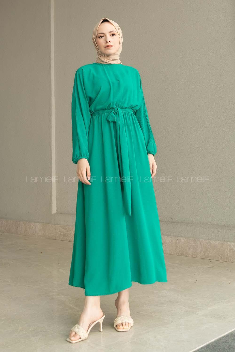 Green Crew Neck Acrylic Unprinted Dresess