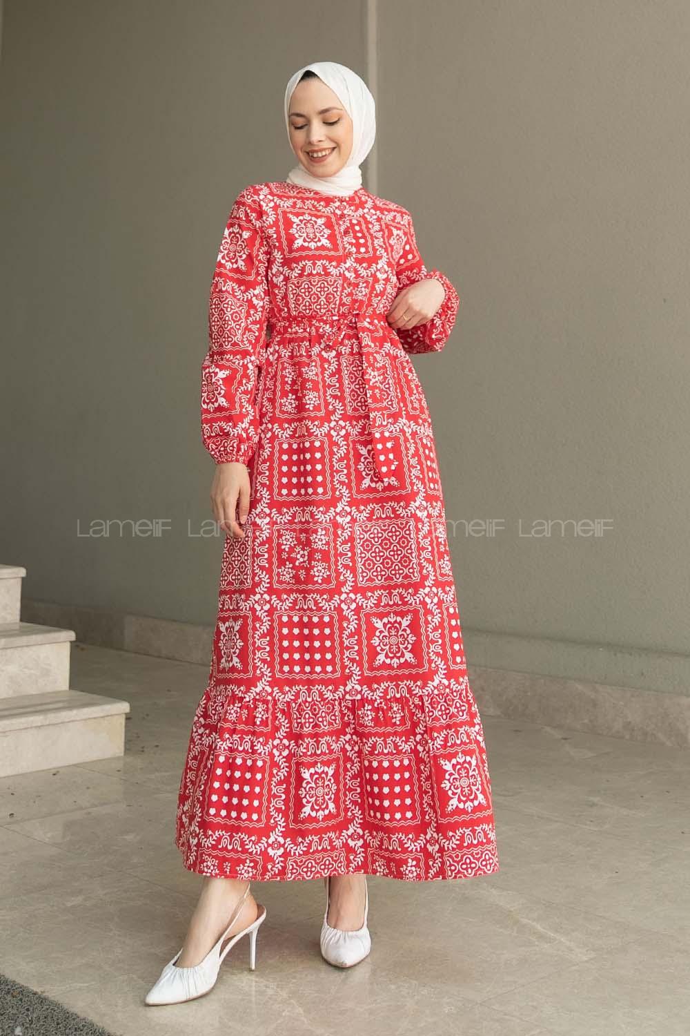 Red Crew Neck Cotton Printed Dresess