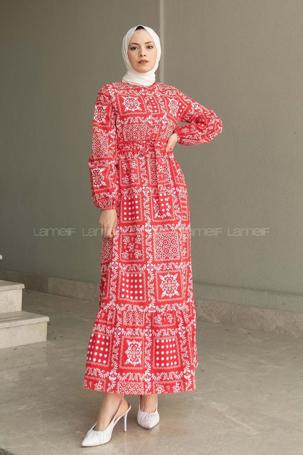 Red Crew Neck Cotton Printed Dresess