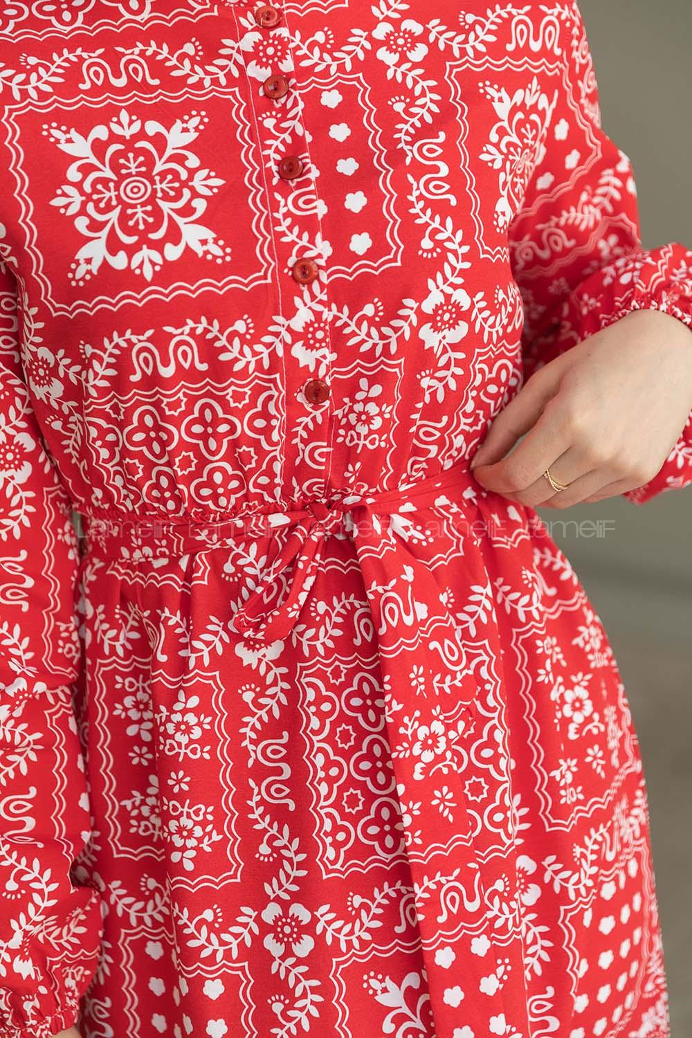 Red Crew Neck Cotton Printed Dresess