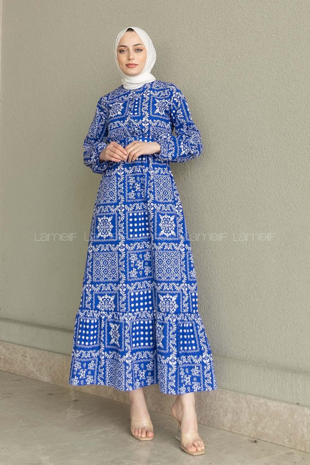 Blue Crew Neck Cotton Printed Dresess