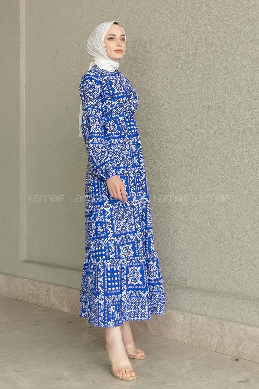 Blue Crew Neck Cotton Printed Dresess