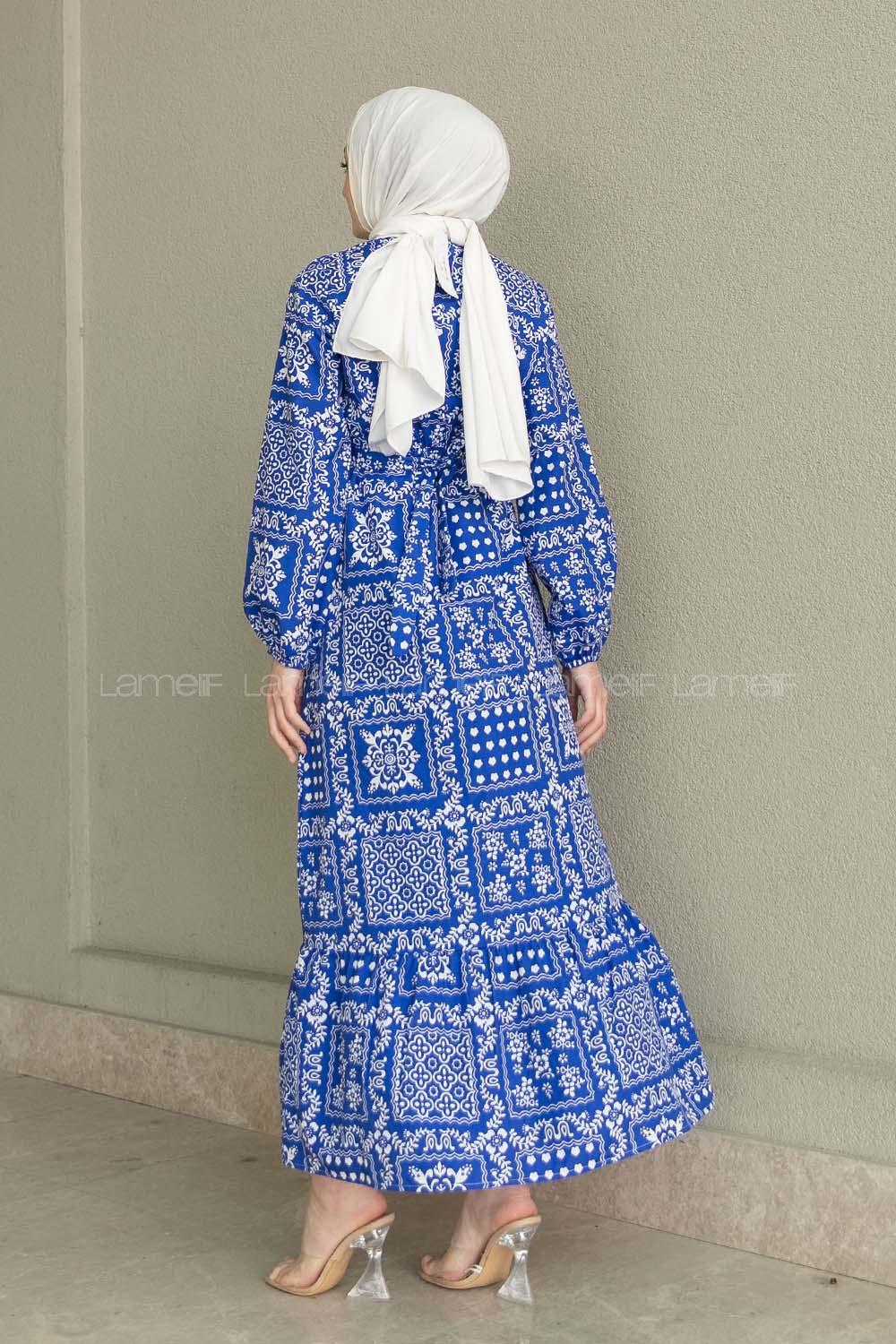 Blue Crew Neck Cotton Printed Dresess