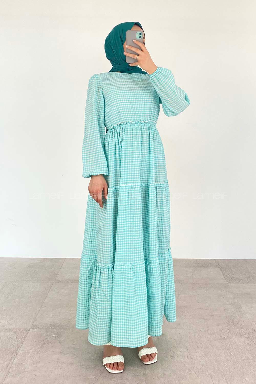 Water Green Medium Crew Neck Cotton Fabric Unprinted Dresess