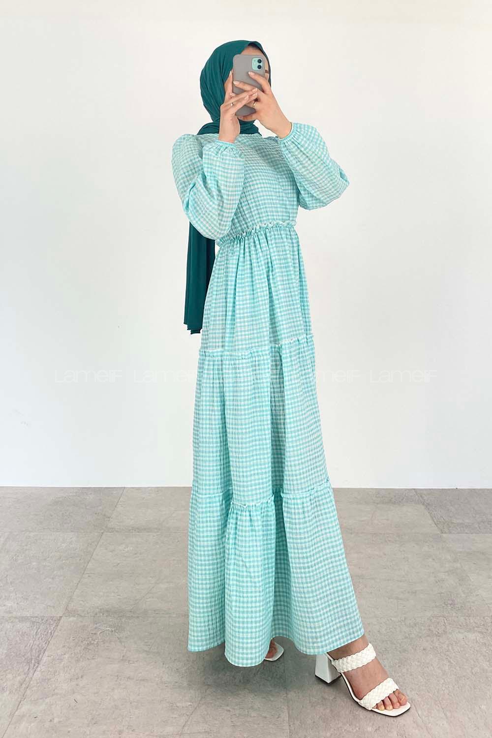 Water Green Medium Crew Neck Cotton Fabric Unprinted Dresess