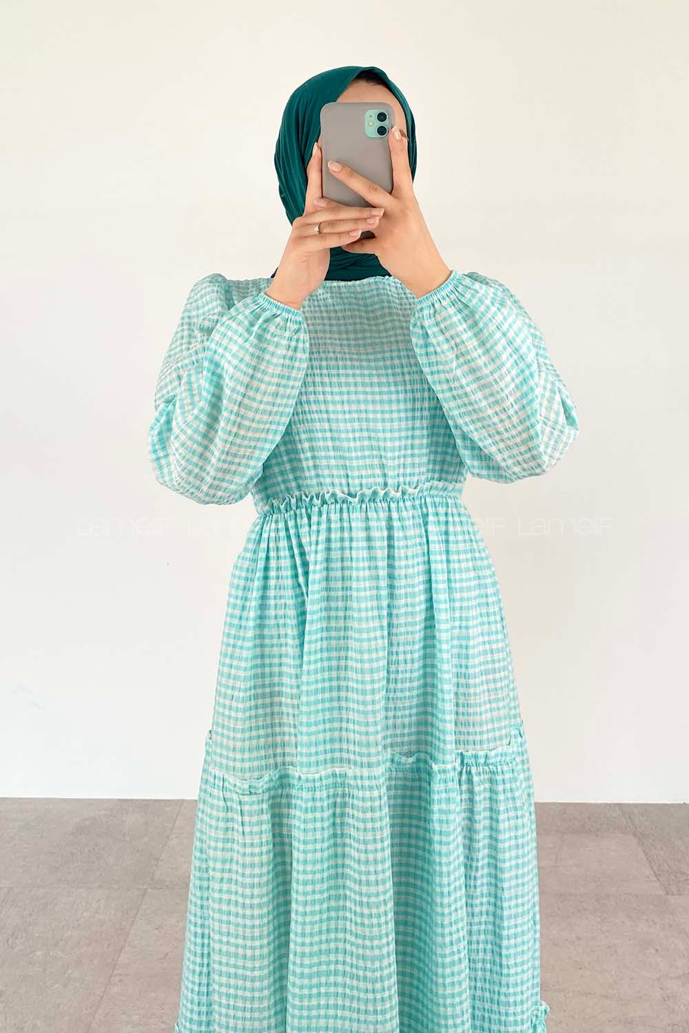 Water Green Medium Crew Neck Cotton Fabric Unprinted Dresess