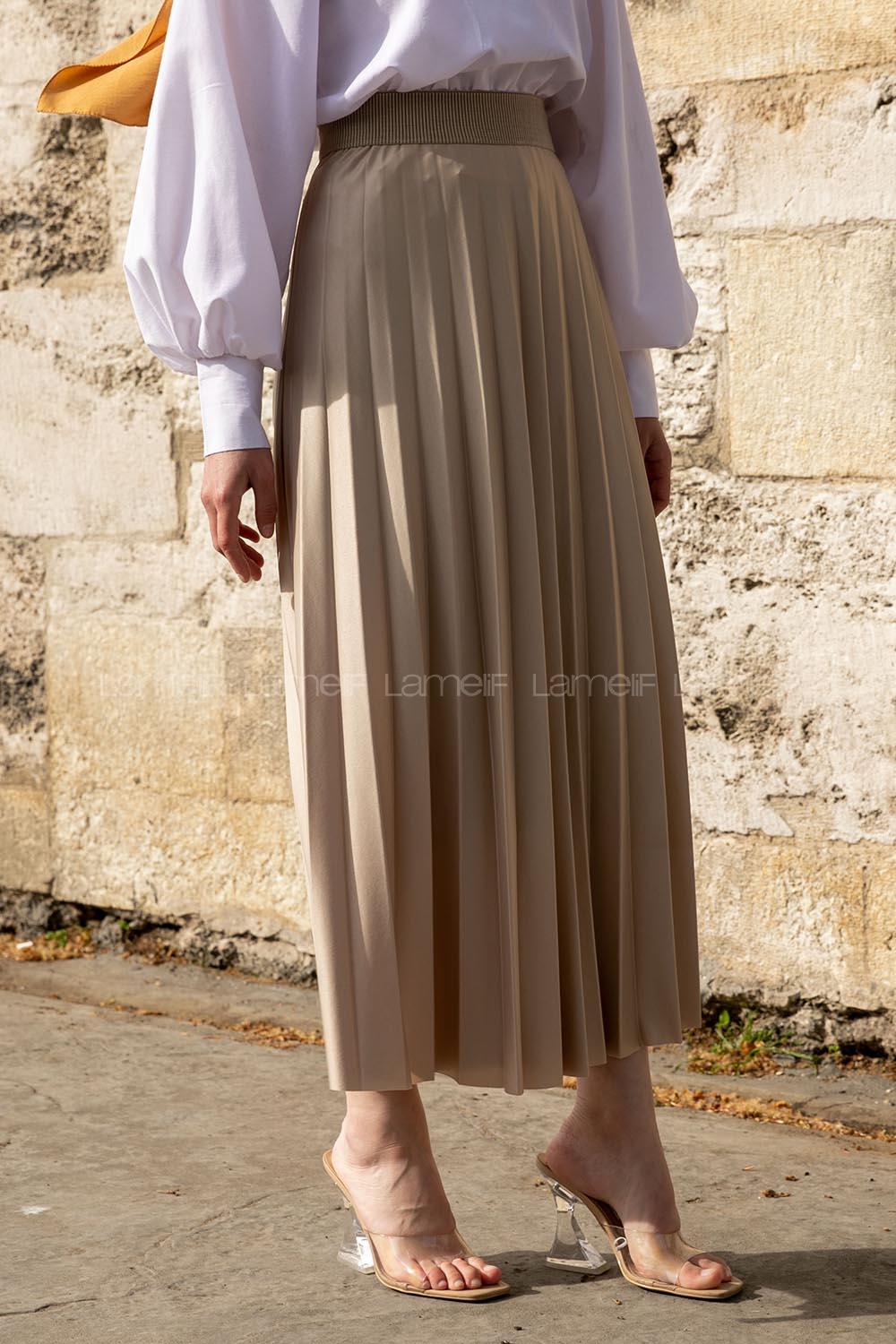 Lamelif Beli Lastikli Deri Görünümlü  Laklı Etek Taş Rengi