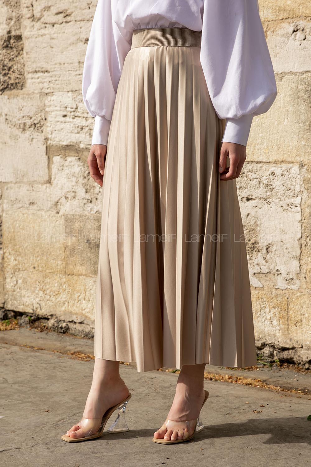 Lamelif Beli Lastikli Deri Görünümlü  Laklı Etek Taş Rengi