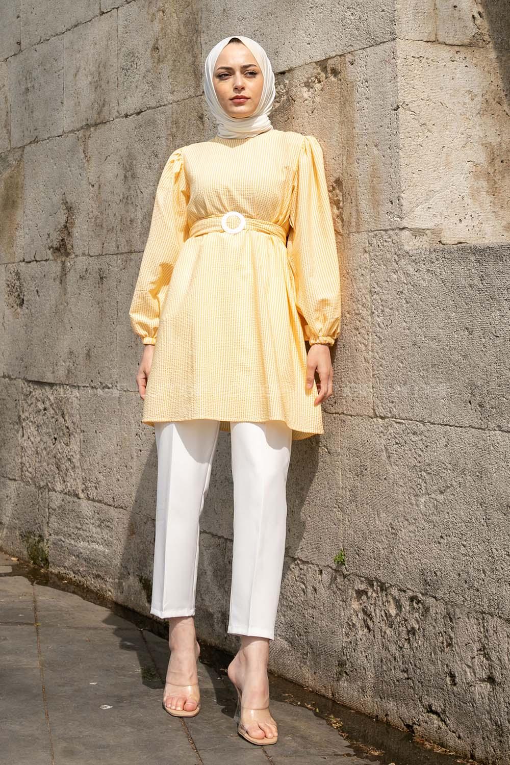 Modalamelif Bisiklet Yaka Kemerli Tunik Sarı