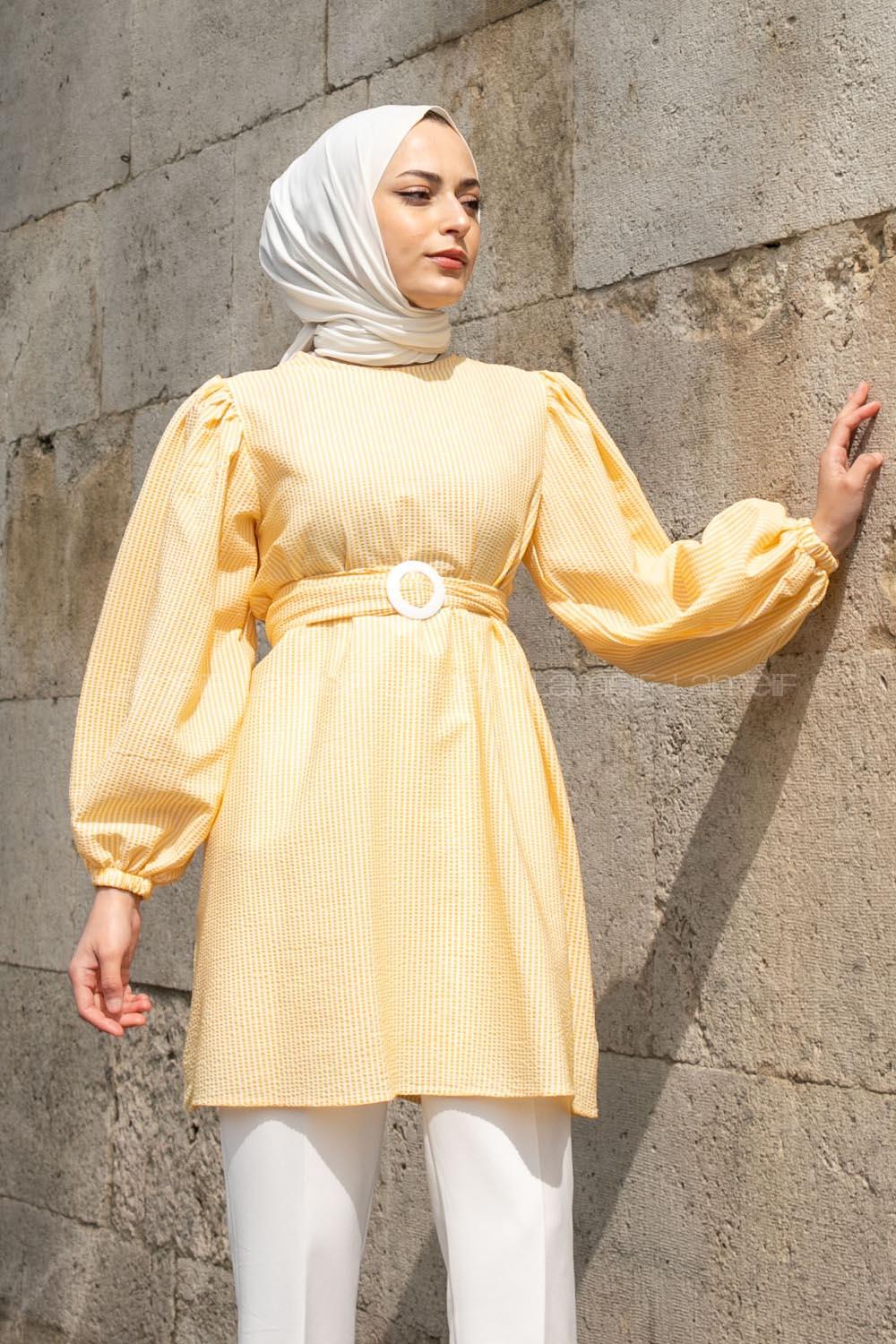 Modalamelif Bisiklet Yaka Kemerli Tunik Sarı