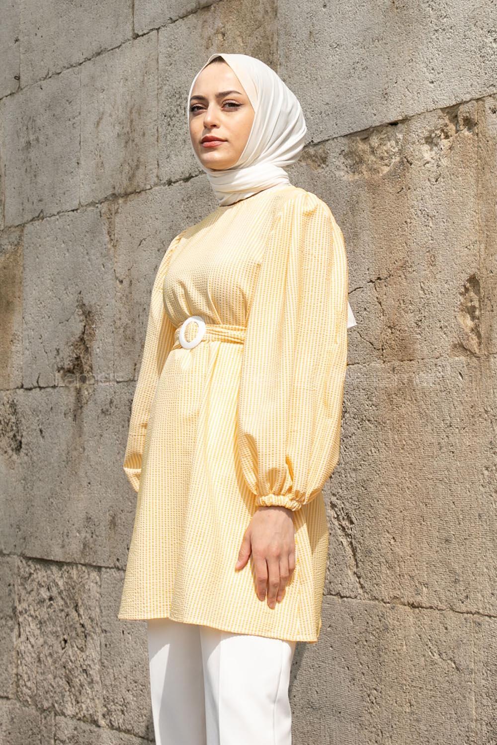 Modalamelif Bisiklet Yaka Kemerli Tunik Sarı