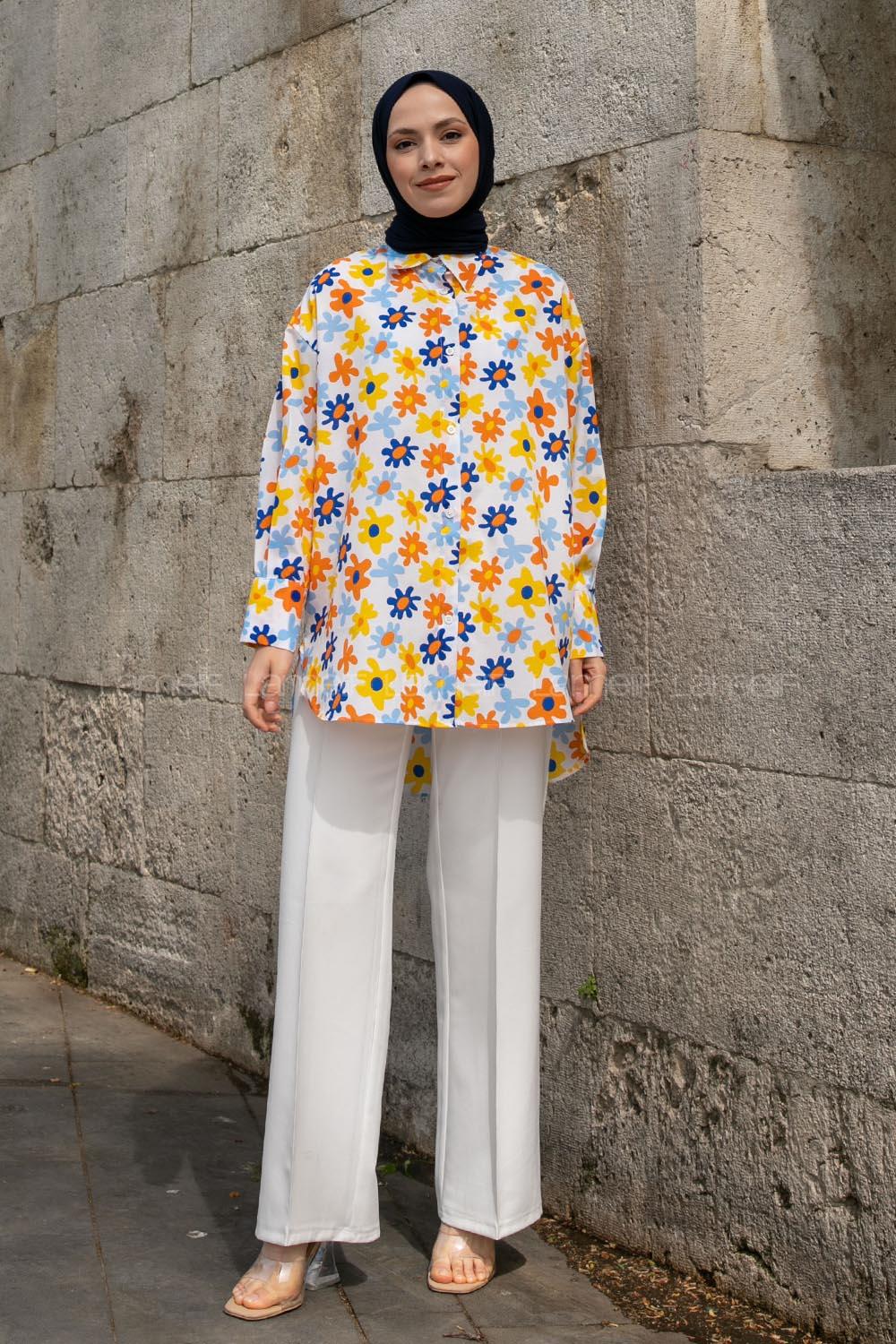 White Shirt Collar Long Arm Cotton Printed Shirt