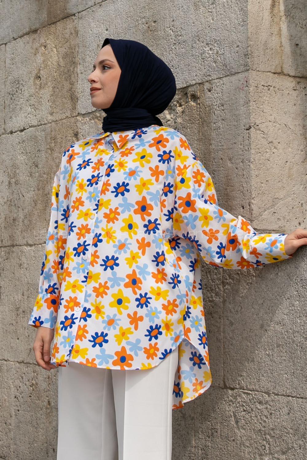 White Shirt Collar Long Arm Cotton Printed Shirt