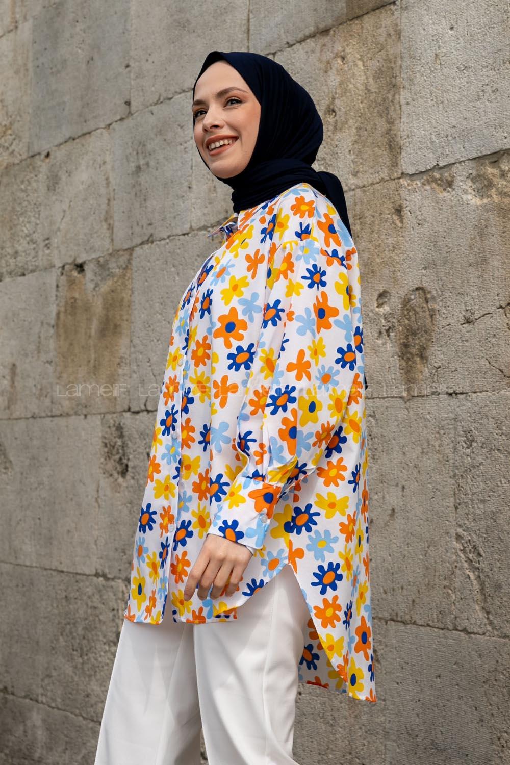 White Shirt Collar Long Arm Cotton Printed Shirt