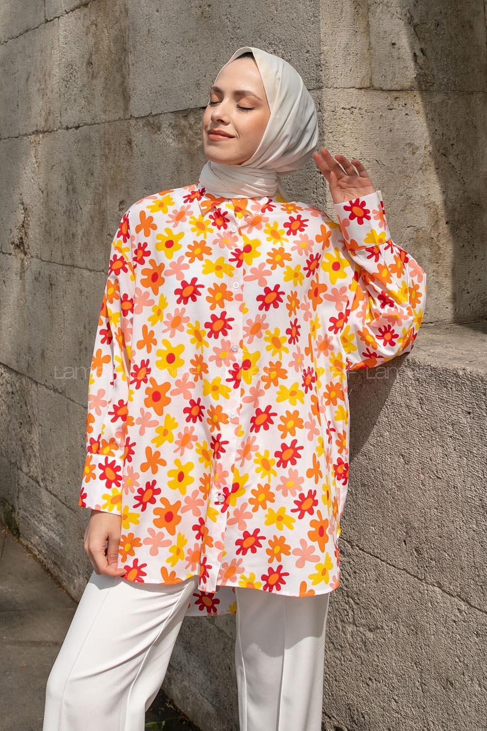 Orange Shirt Collar Long Arm Cotton Printed Shirt