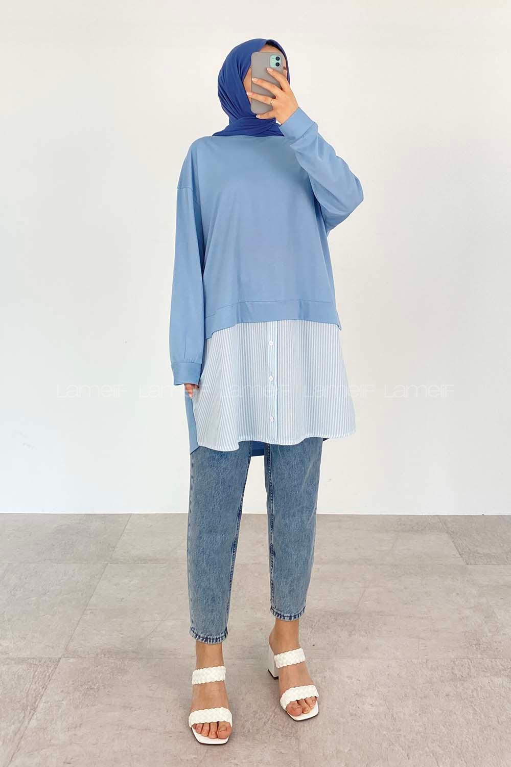 Blue Crew Neck Cotton Unprinted Tunic