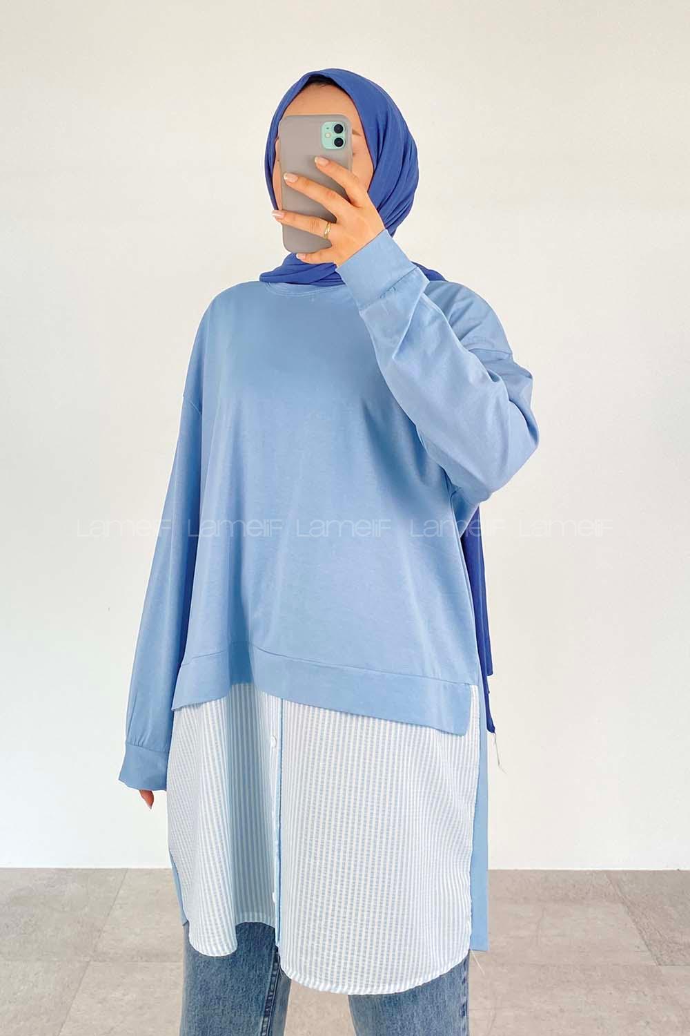 Blue Crew Neck Cotton Unprinted Tunic