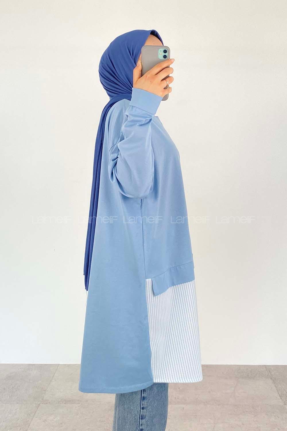 Blue Crew Neck Cotton Unprinted Tunic
