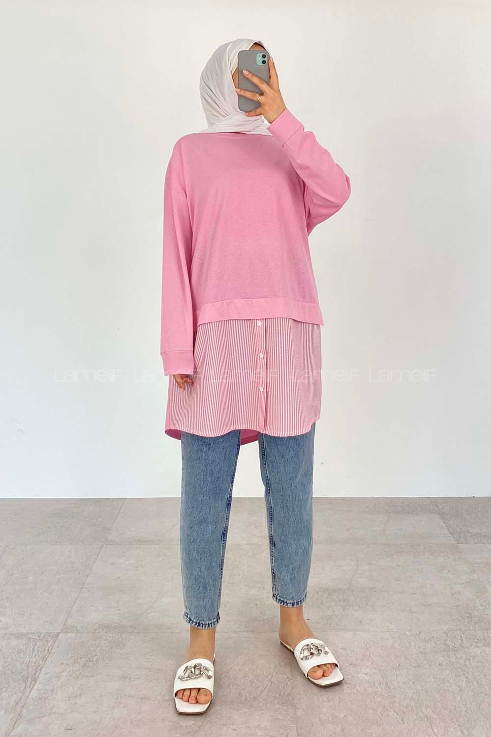 Pink Crew Neck Cotton Unprinted Tunic