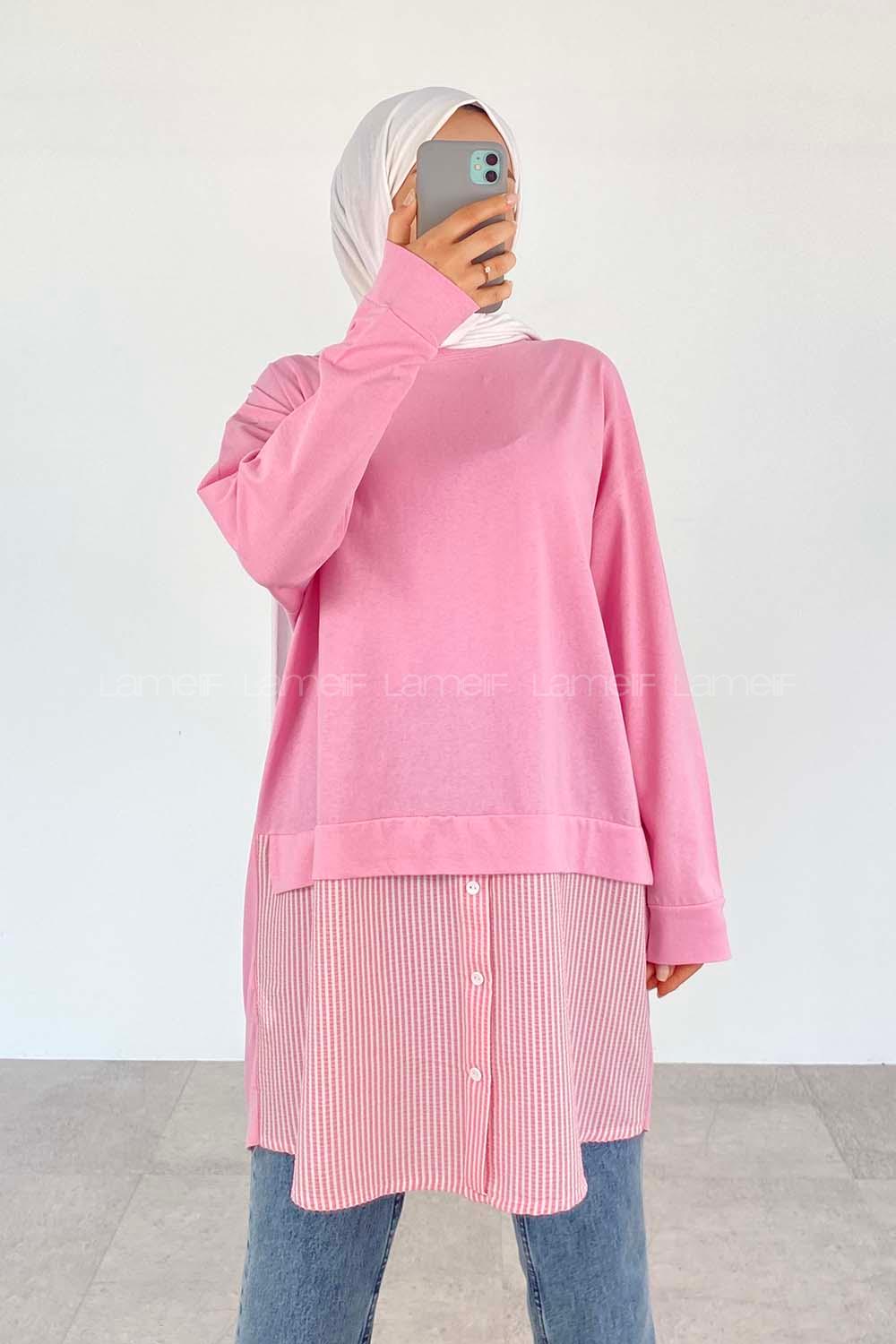 Pink Crew Neck Cotton Unprinted Tunic