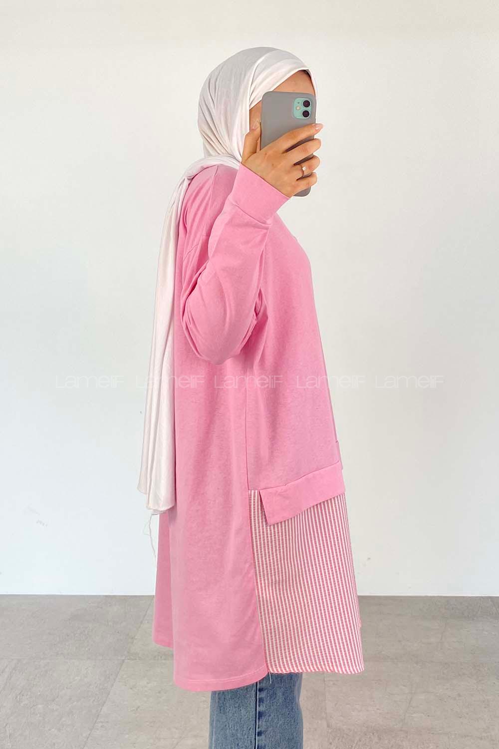 Pink Crew Neck Cotton Unprinted Tunic