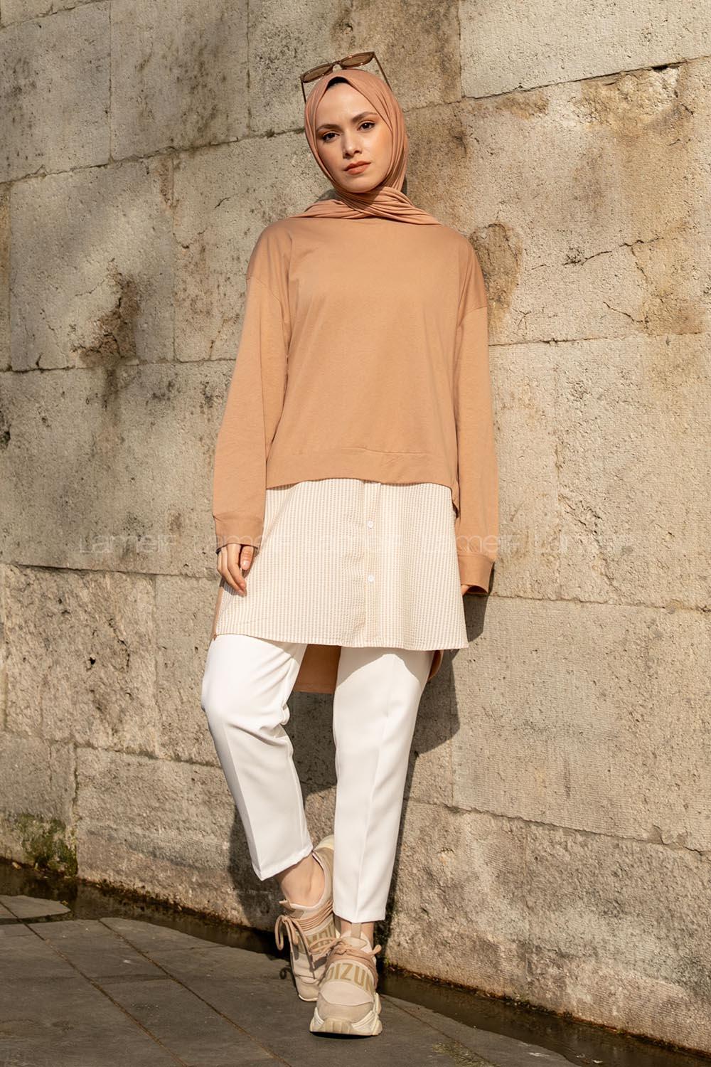 Brown With Milk Crew Neck Cotton Unprinted Tunic