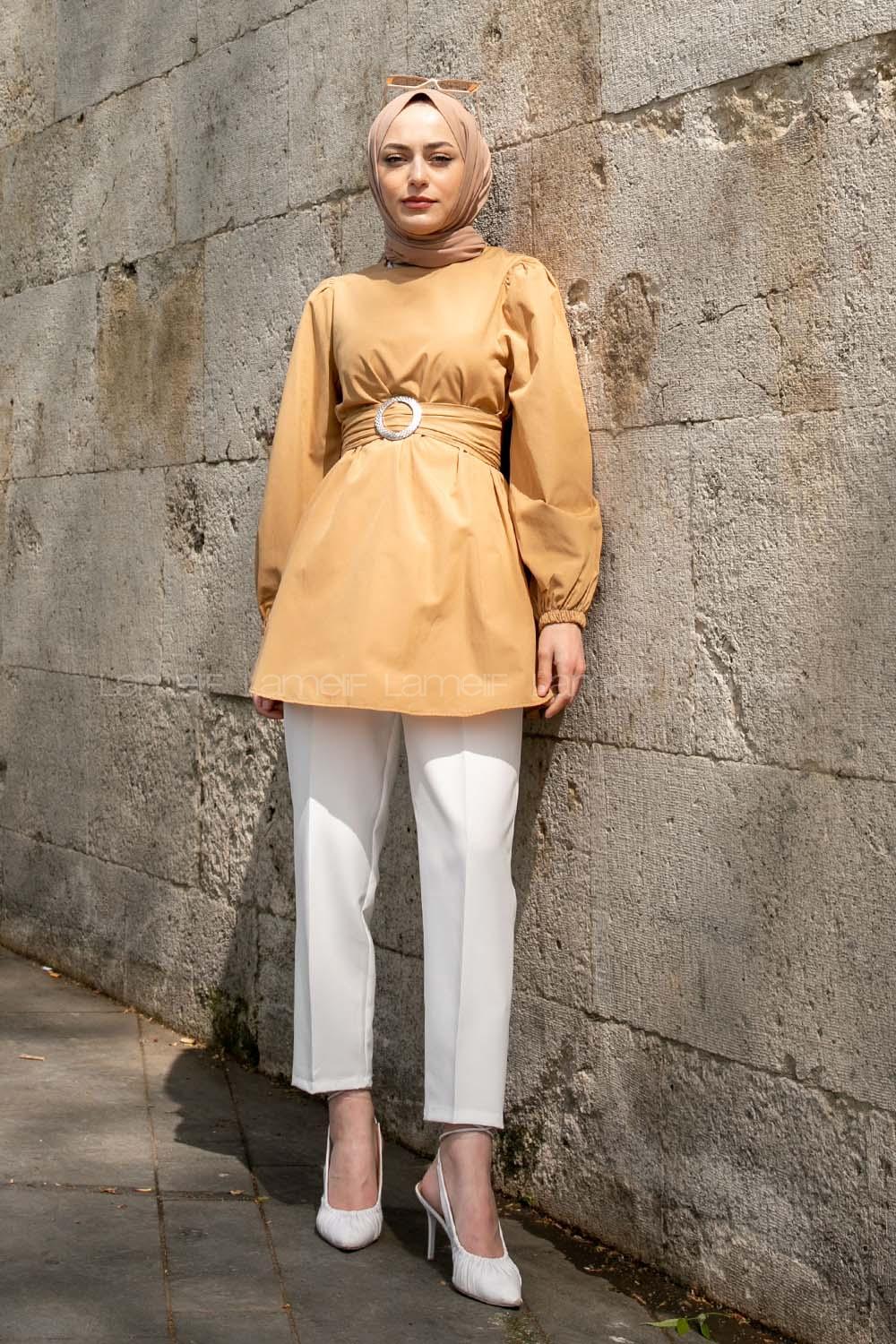 Camel Crew Neck Long Arm Cotton Fabric Unprinted Shirt