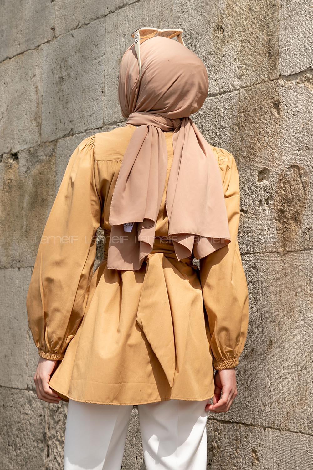 Camel Crew Neck Long Arm Cotton Fabric Unprinted Shirt